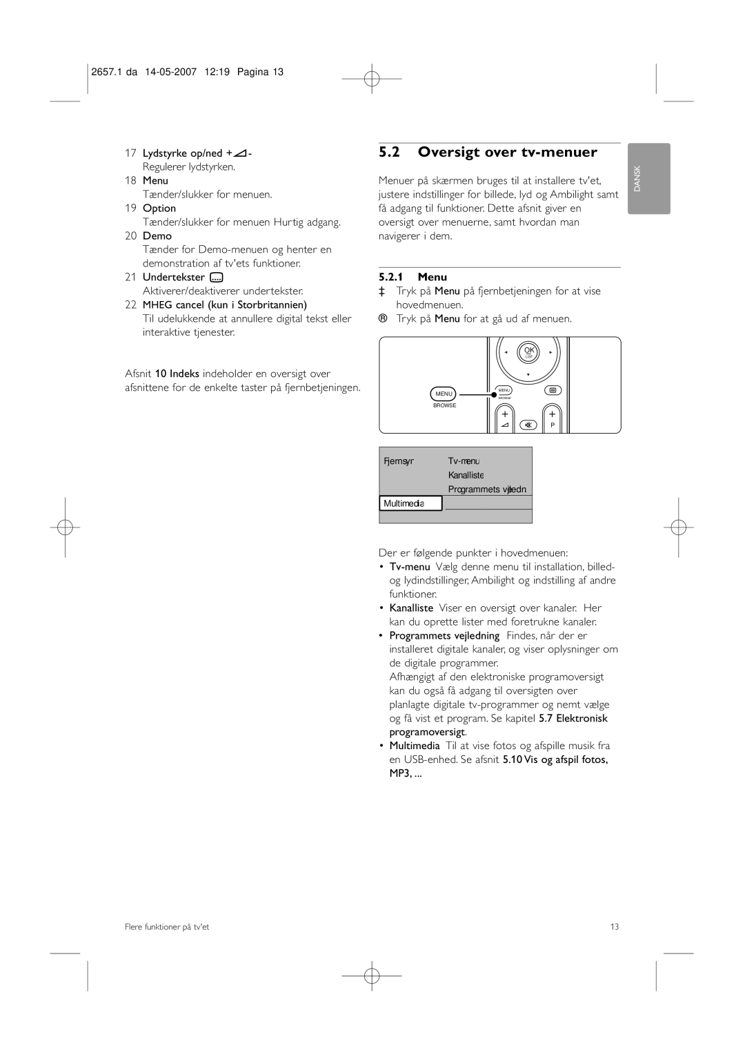 Philips 32HF9385D, 42HF9385D manual Oversigt over tv-menuer, Menu 