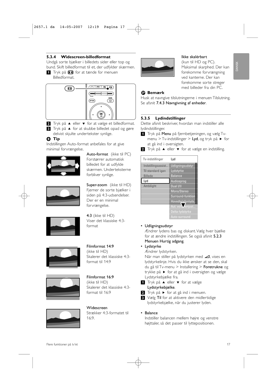 Philips 32HF9385D, 42HF9385D manual Widescreen-billedformat, Lydindstillinger 