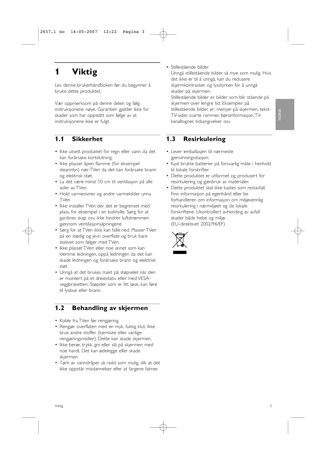 Philips 32HF9385D, 42HF9385D manual Viktig, Sikkerhet, Resirkulering, Behandling av skjermen 