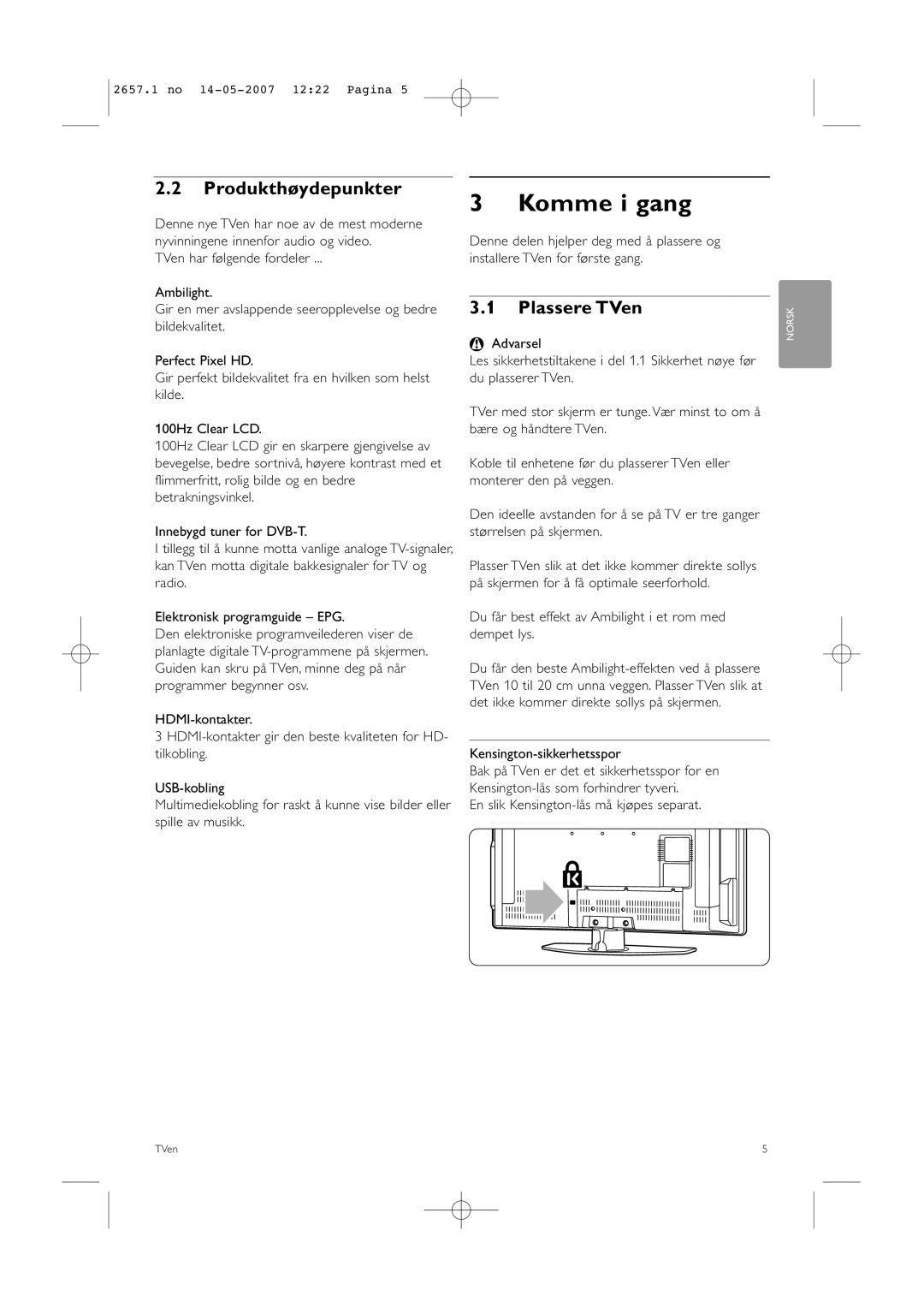 Philips 32HF9385D, 42HF9385D manual Komme i gang, Produkthøydepunkter, Plassere TVen 