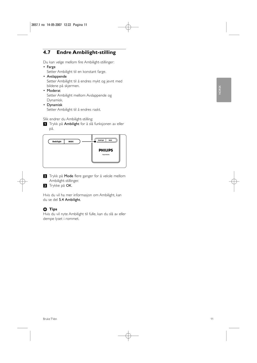 Philips 32HF9385D, 42HF9385D manual Endre Ambilight-stilling 