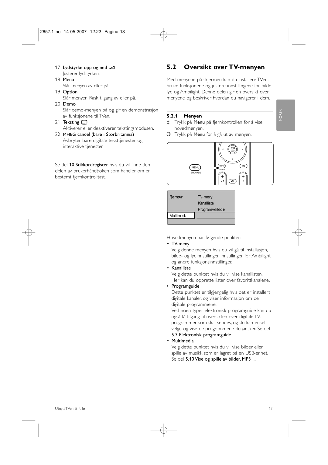 Philips 32HF9385D manual Oversikt over TV-menyen, Menyen, Hovedmenyen har følgende punkter TV-meny, Kanalliste, Multimedia 