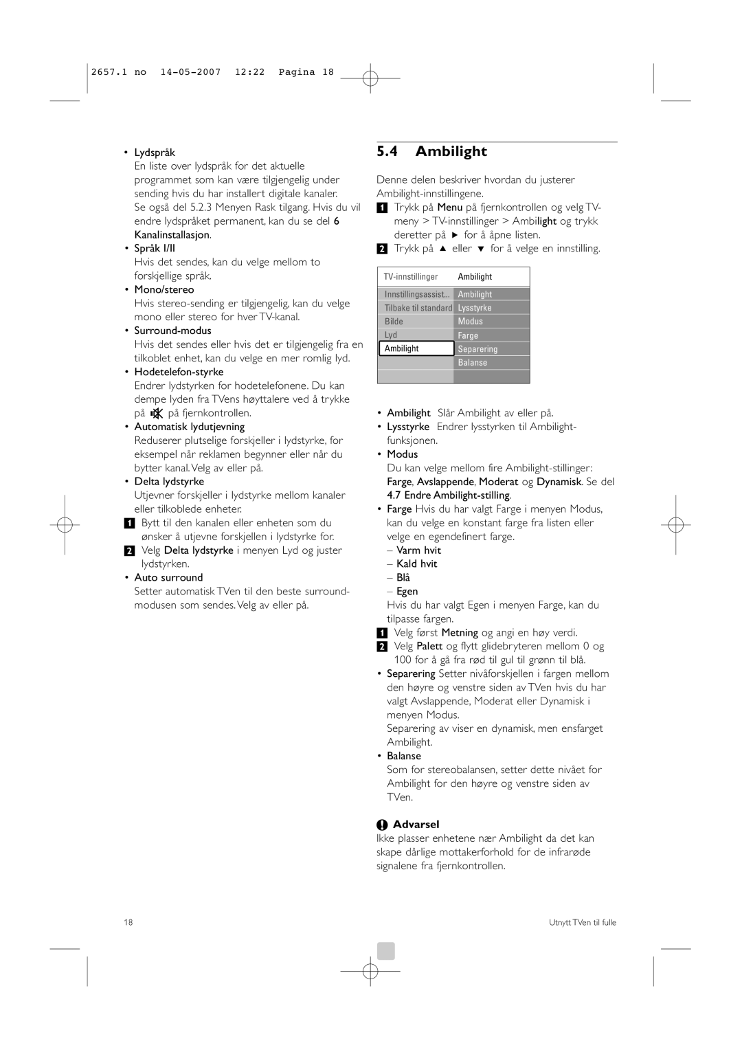 Philips 42HF9385D, 32HF9385D manual Ambilight, Lydspråk 