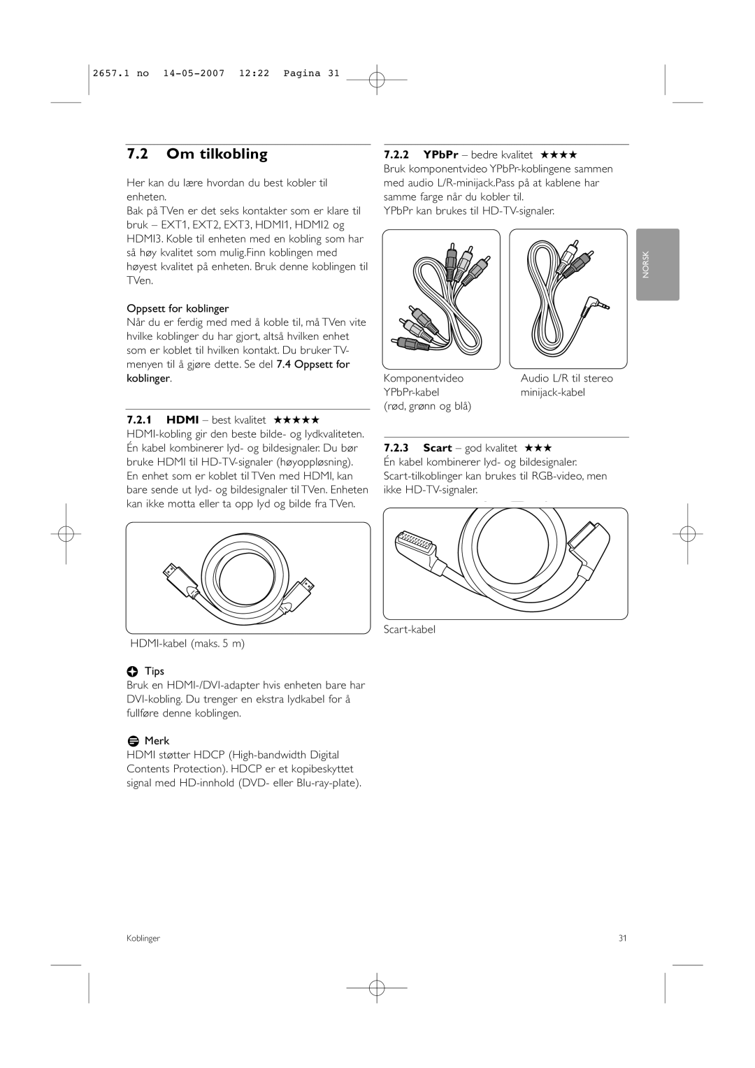 Philips 32HF9385D, 42HF9385D manual Om tilkobling, YPbPr bedre kvalitet, YPbPr kan brukes til HD-TV-signaler Komponentvideo 