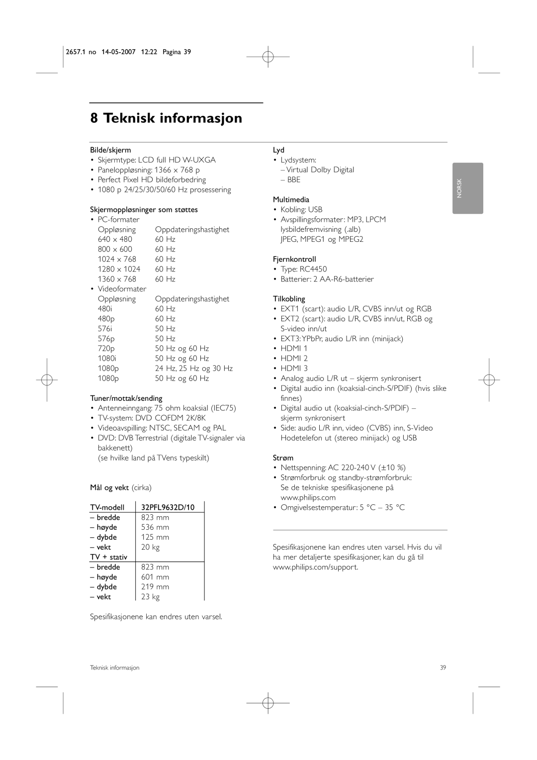 Philips 32HF9385D, 42HF9385D manual Teknisk informasjon 