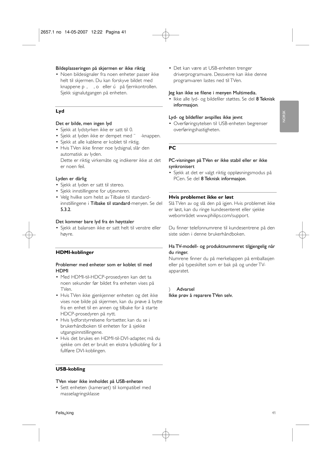 Philips 32HF9385D, 42HF9385D manual Lyd, HDMI-koblinger, USB-kobling, Hvis problemet ikke er løst 