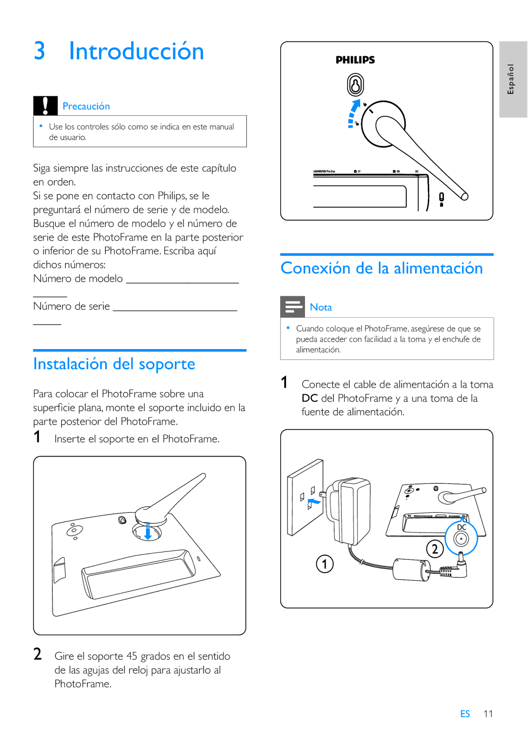 Philips 10FF3CDW, 42HF9385D, 8FF3CME, 10FF3CME manual Introducción, Instalación del soporte, Conexión de la alimentación 