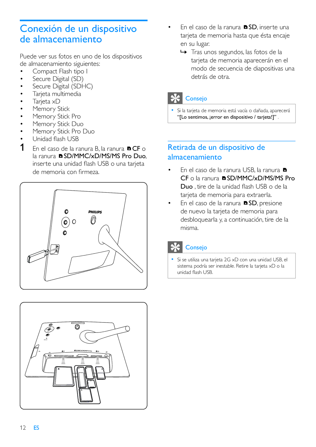 Philips 10FF3CME, 42HF9385D, 8FF3CME, 10FF3CDW manual Retirada de un dispositivo de almacenamiento, De memoria con ﬁ rmeza 