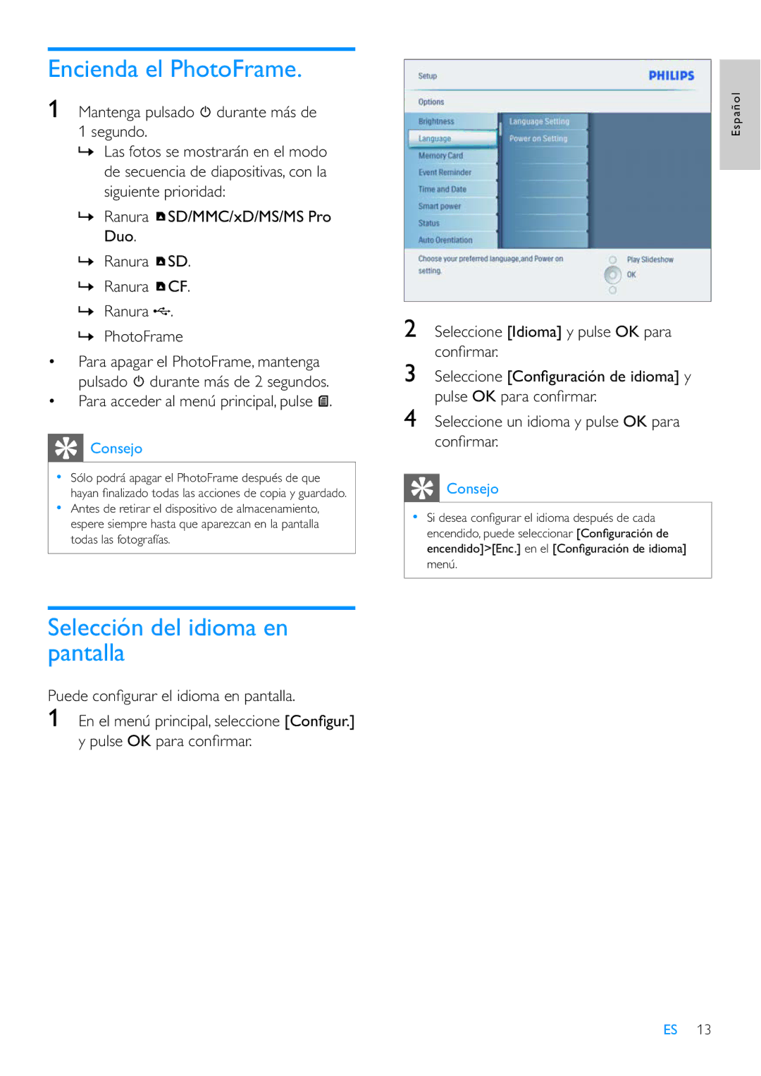 Philips 42HF9385D, 8FF3CME, 10FF3CDW, 10FF3CME manual Encienda el PhotoFrame, Selección del idioma en pantalla 