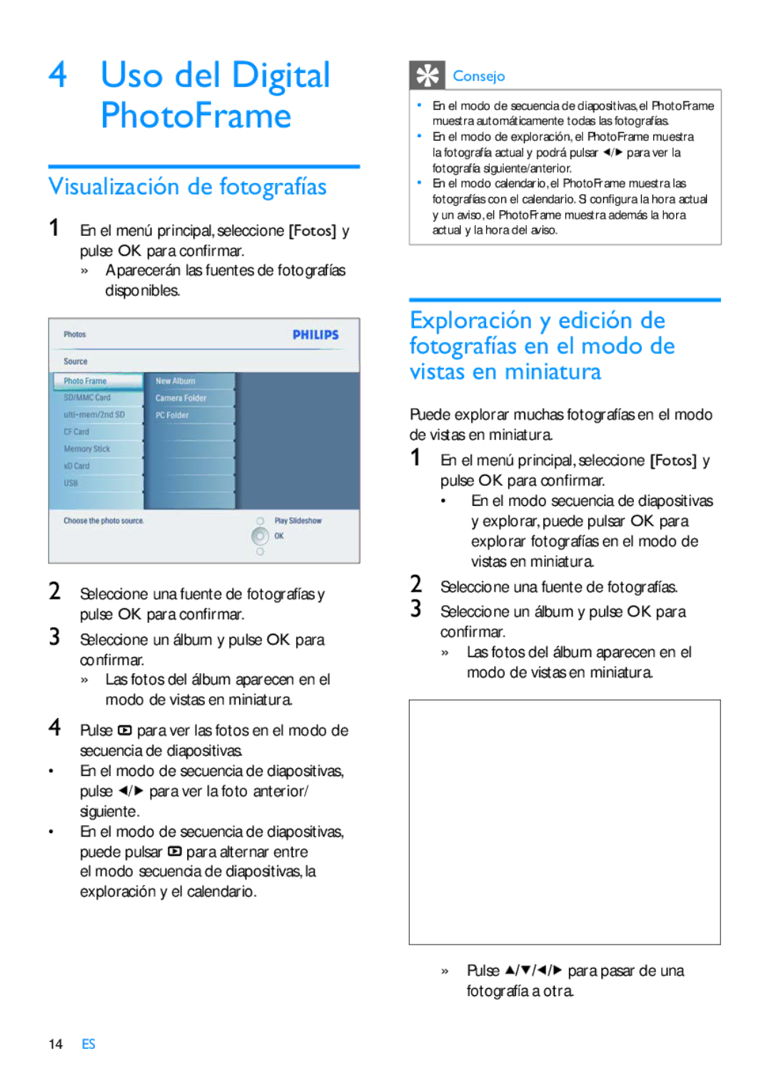 Philips 8FF3CME, 42HF9385D, 10FF3CDW, 10FF3CME Visualización de fotografías, Seleccione un álbum y pulse OK para conﬁ rmar 