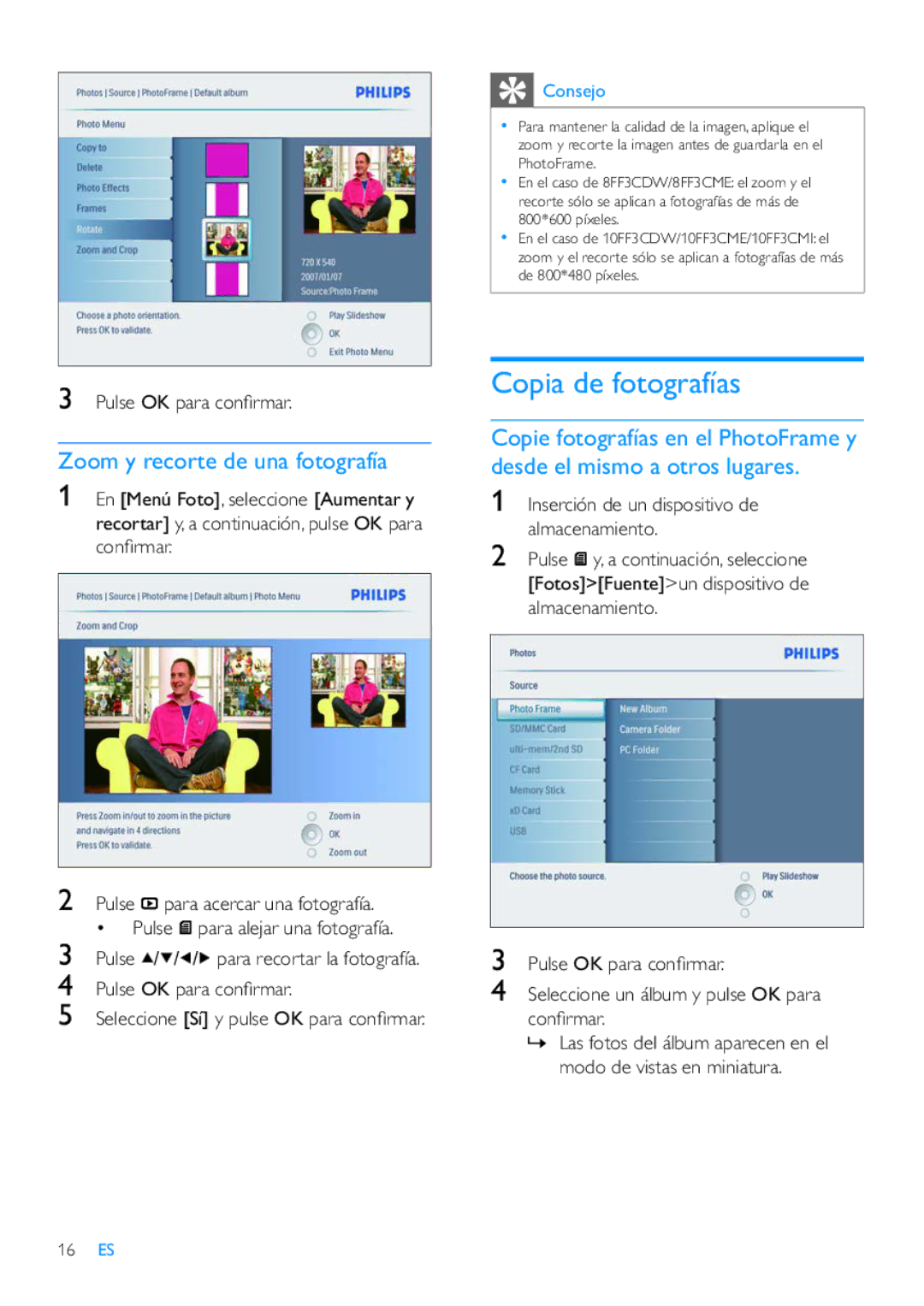 Philips 10FF3CME, 42HF9385D, 8FF3CME, 10FF3CDW manual Copia de fotografías, Zoom y recorte de una fotografía 
