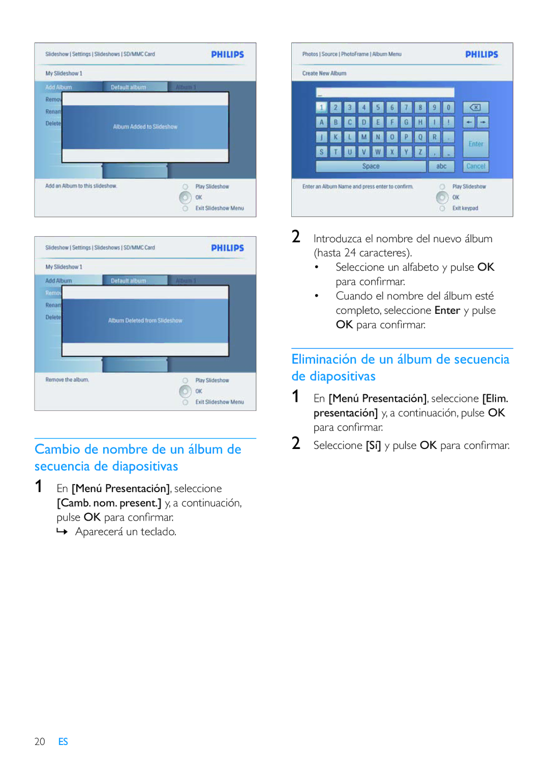 Philips 10FF3CME, 42HF9385D, 8FF3CME, 10FF3CDW manual Cambio de nombre de un álbum de secuencia de diapositivas 