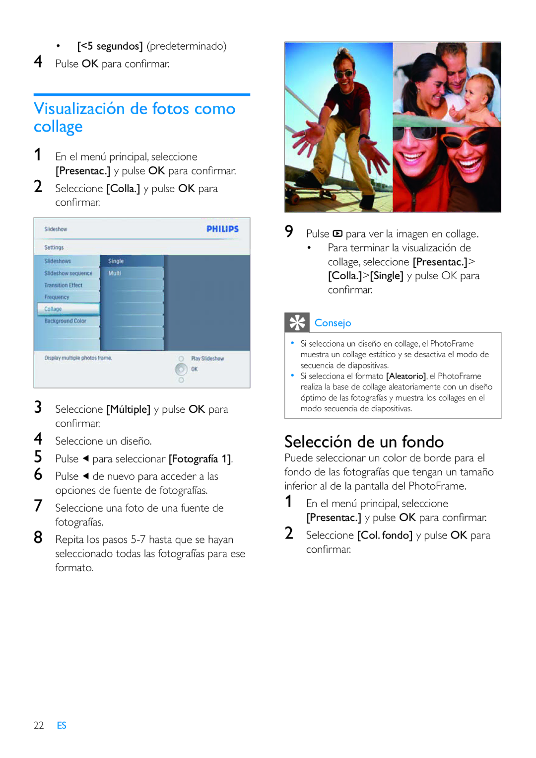 Philips 8FF3CME, 42HF9385D, 10FF3CDW Visualización de fotos como collage, Segundos predeterminado Pulse OK para conﬁ rmar 