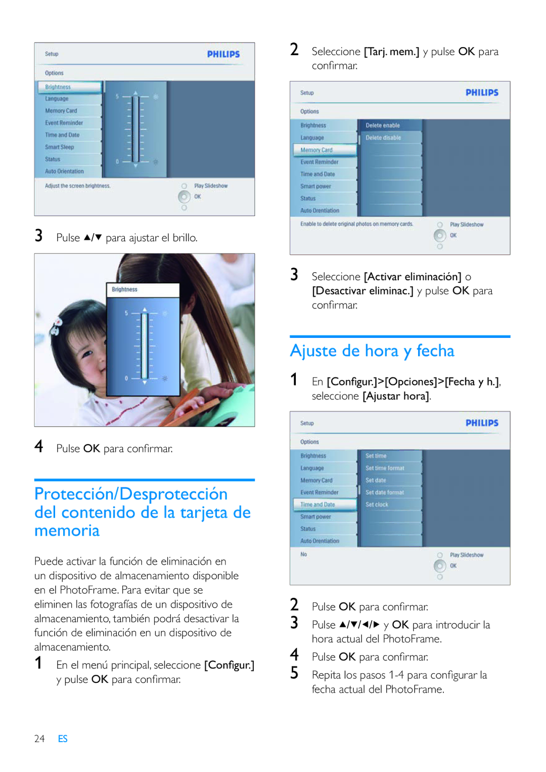 Philips 10FF3CME, 42HF9385D, 8FF3CME manual Ajuste de hora y fecha, Pulse / para ajustar el brillo Pulse OK para conﬁ rmar 