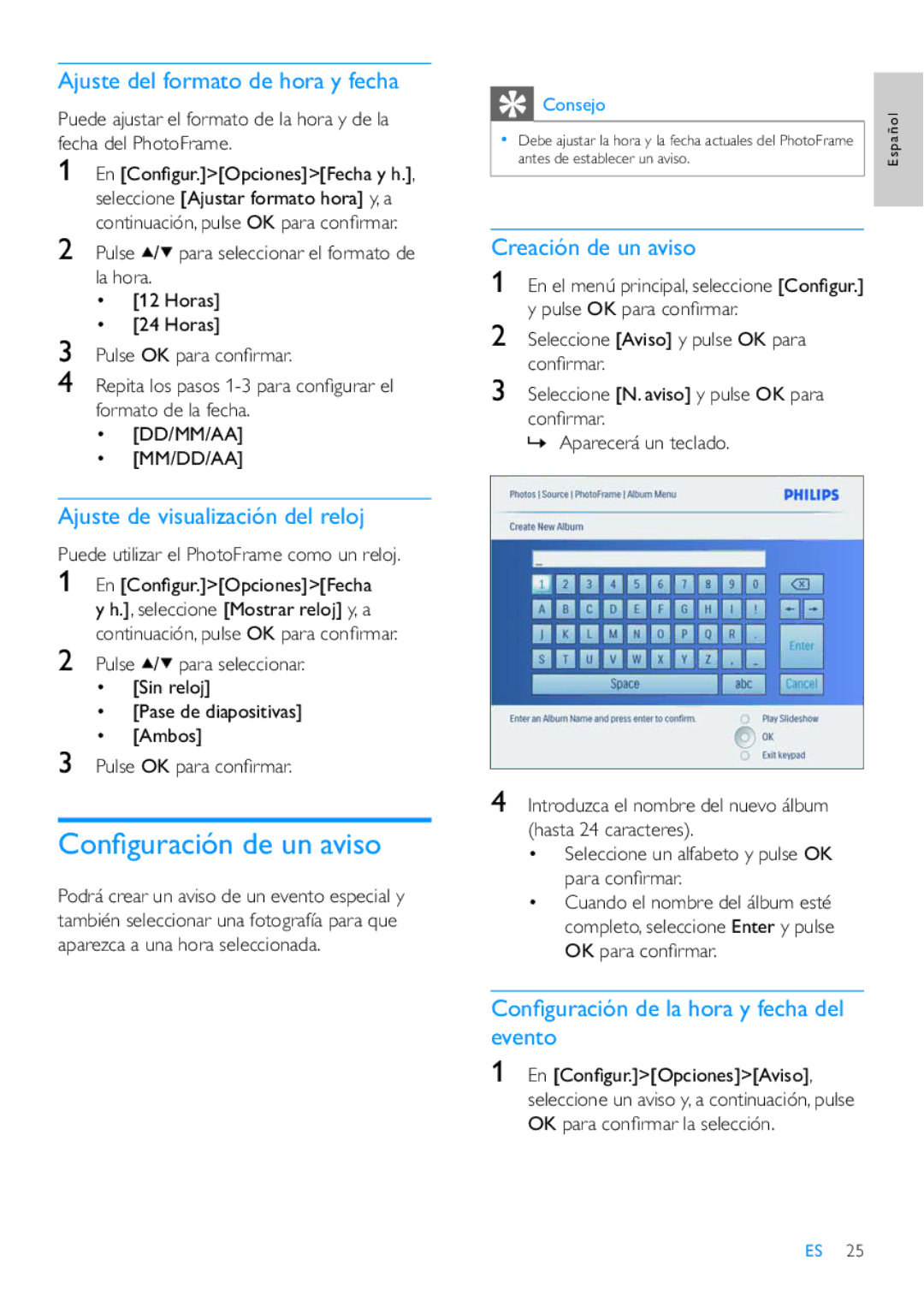 Philips 42HF9385D manual Conﬁ guración de un aviso, Ajuste del formato de hora y fecha, Ajuste de visualización del reloj 