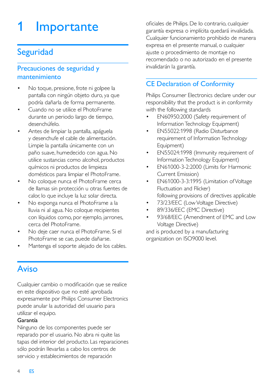Philips 10FF3CME, 42HF9385D, 8FF3CME, 10FF3CDW manual Importante, Seguridad, Aviso, CE Declaration of Conformity 