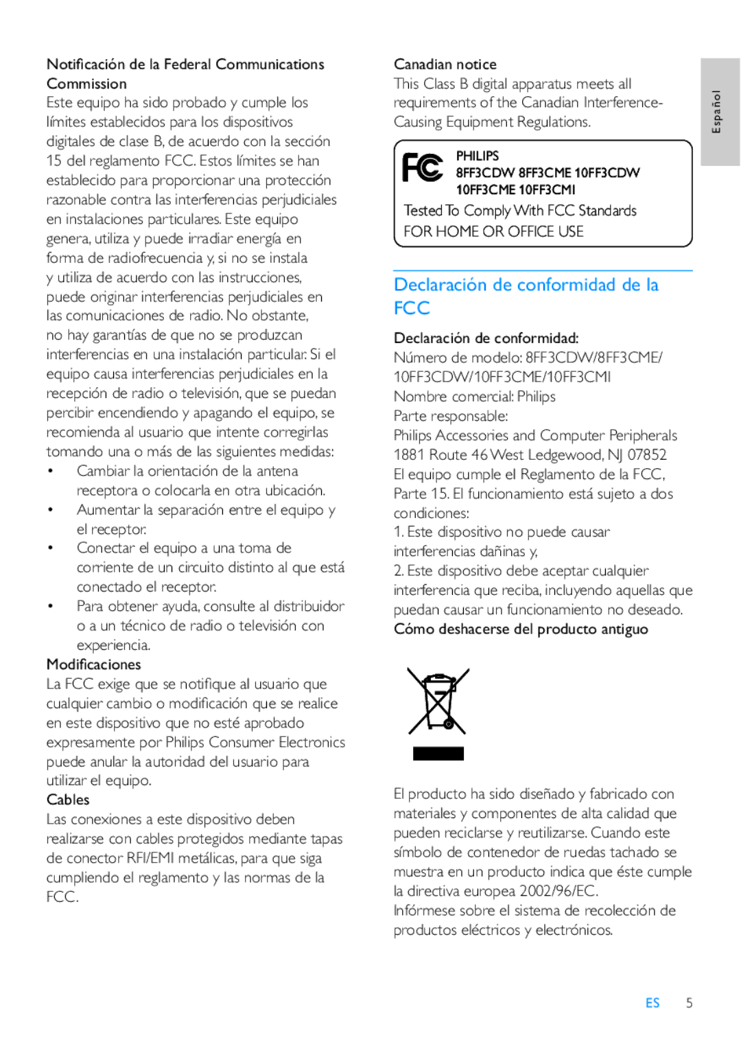 Philips 42HF9385D, 8FF3CME, 10FF3CDW, 10FF3CME manual Declaración de conformidad de la 