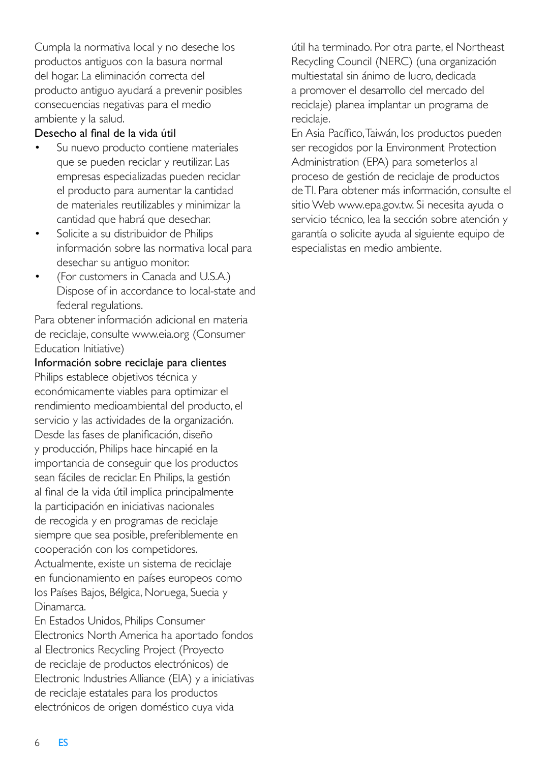 Philips 8FF3CME, 42HF9385D, 10FF3CDW, 10FF3CME manual Desecho al ﬁ nal de la vida útil, Federal regulations 