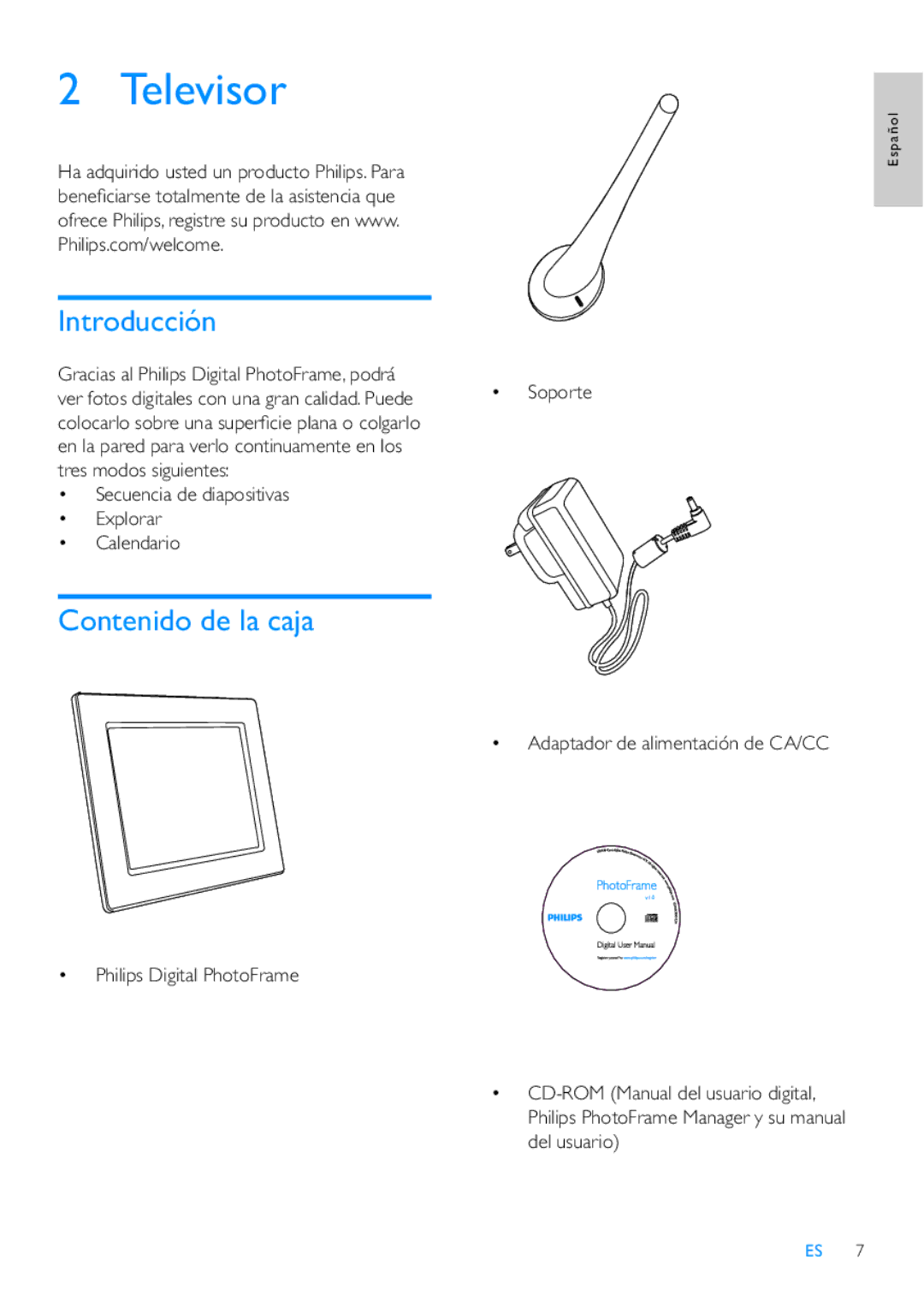 Philips 10FF3CDW, 42HF9385D Televisor, Introducción, Contenido de la caja, Secuencia de diapositivas Explorar Calendario 