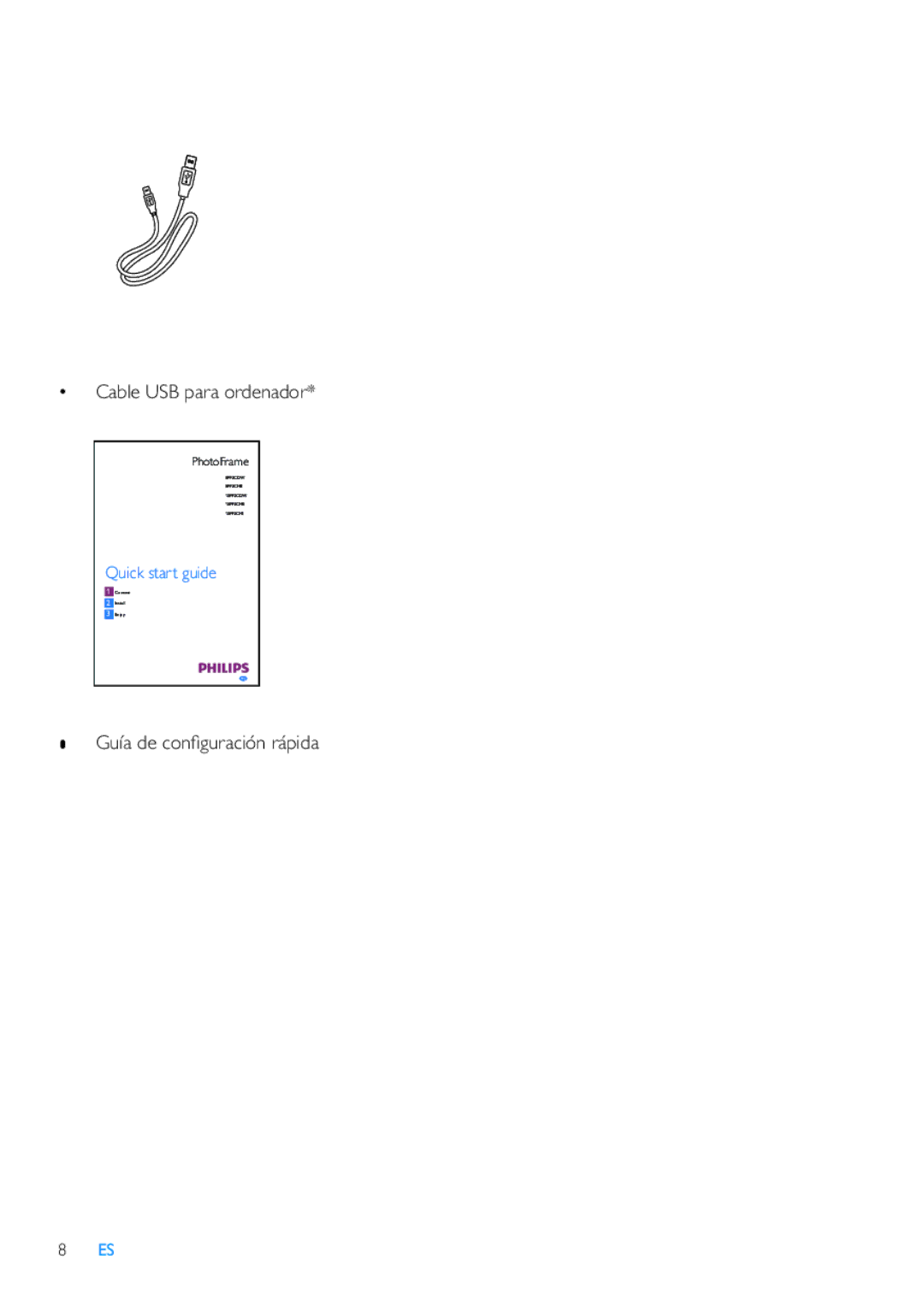 Philips 10FF3CME, 42HF9385D, 8FF3CME, 10FF3CDW manual Cable USB para ordenador, Guía de conﬁ guración rápida 