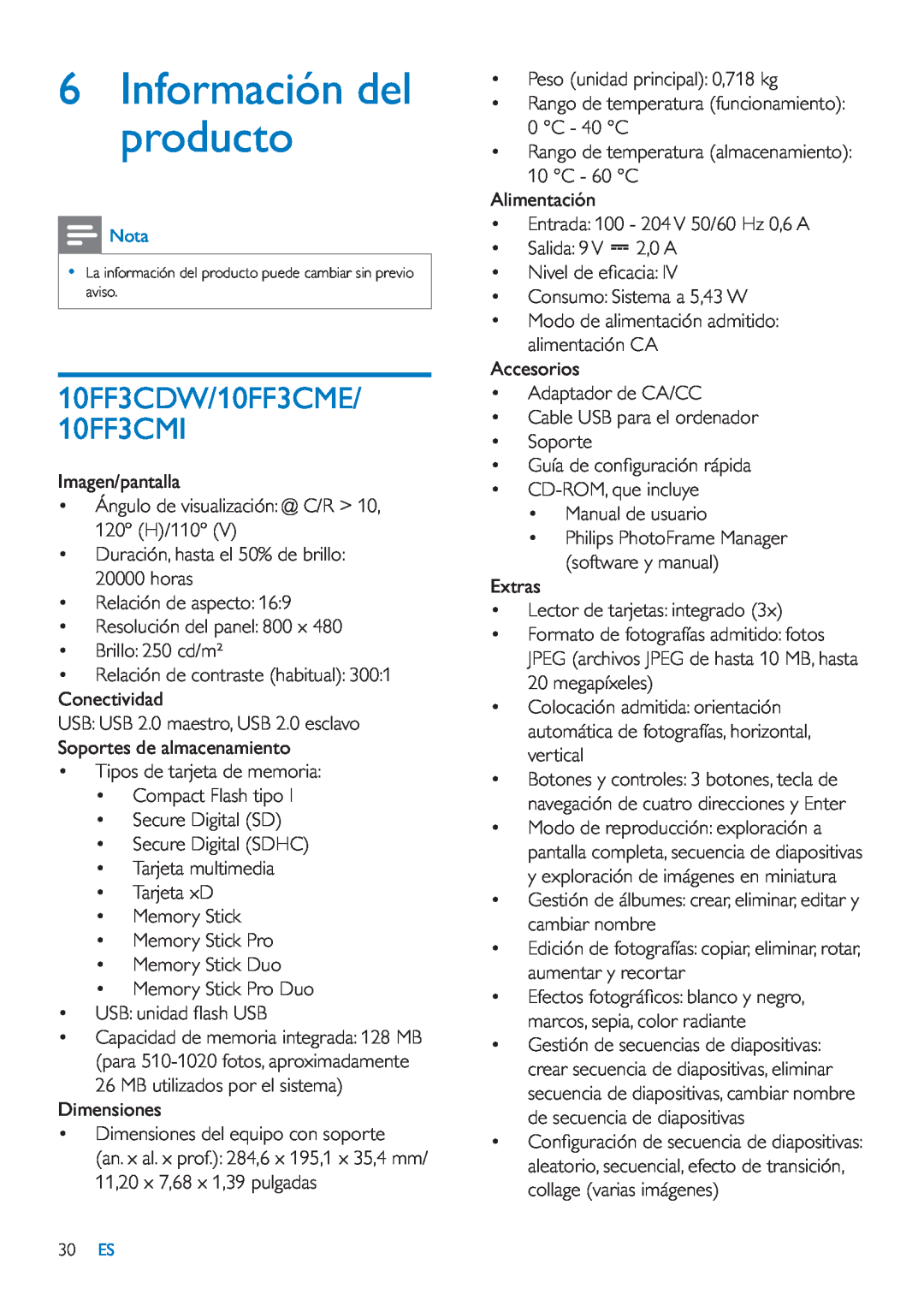Philips 8FF3CME, 42HF9385D manual 6Información del producto, 10FF3CDW/10FF3CME 10FF3CMI 