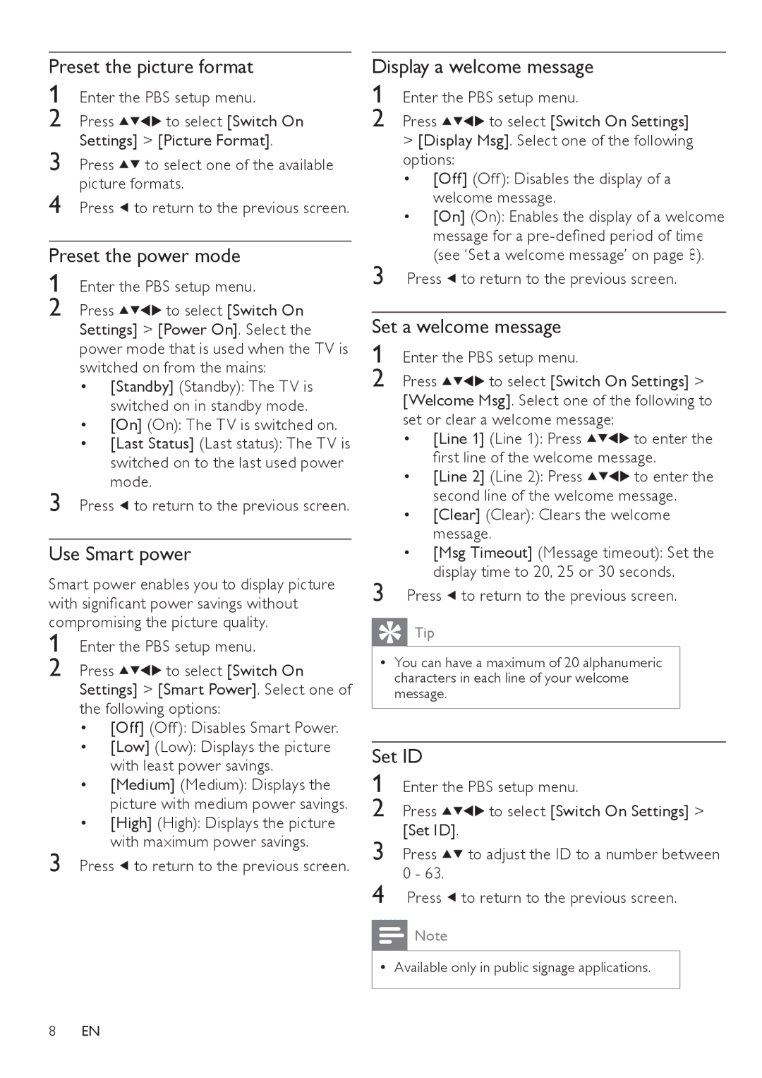 Philips 32HFL3331/97 Preset the picture format, Preset the power mode, Use Smart power, Display a welcome message, Set ID 