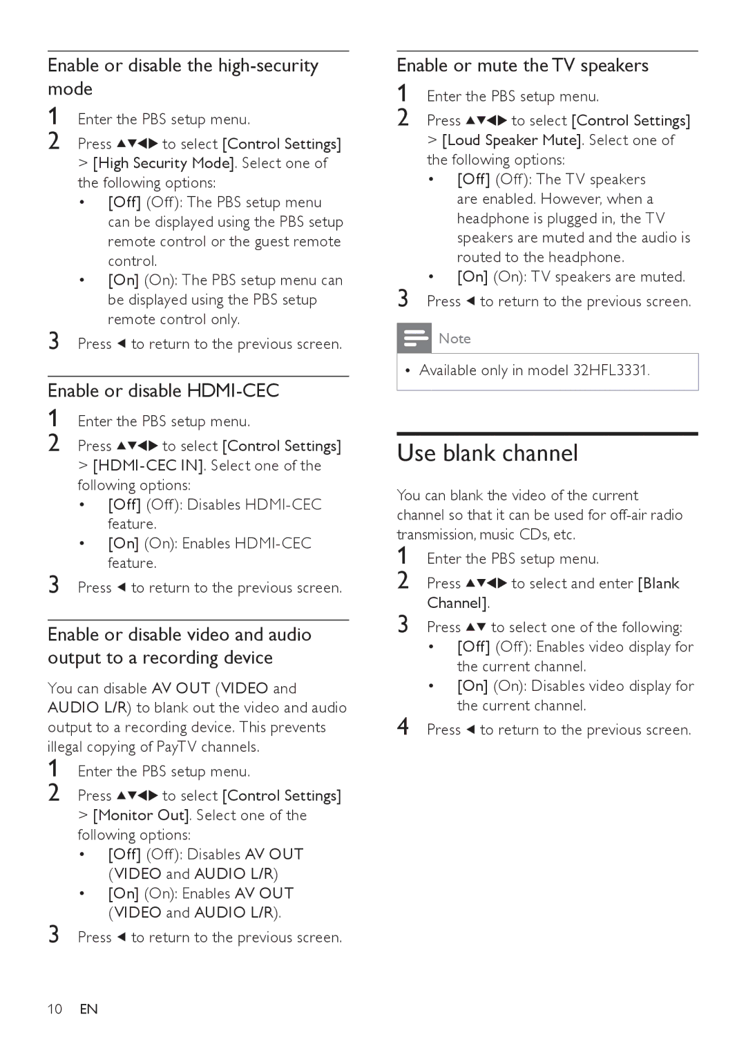 Philips 42HFL3381/93, 32HFL3331/97 Use blank channel, Enable or disable the high-security mode, Enable or disable HDMI-CEC 
