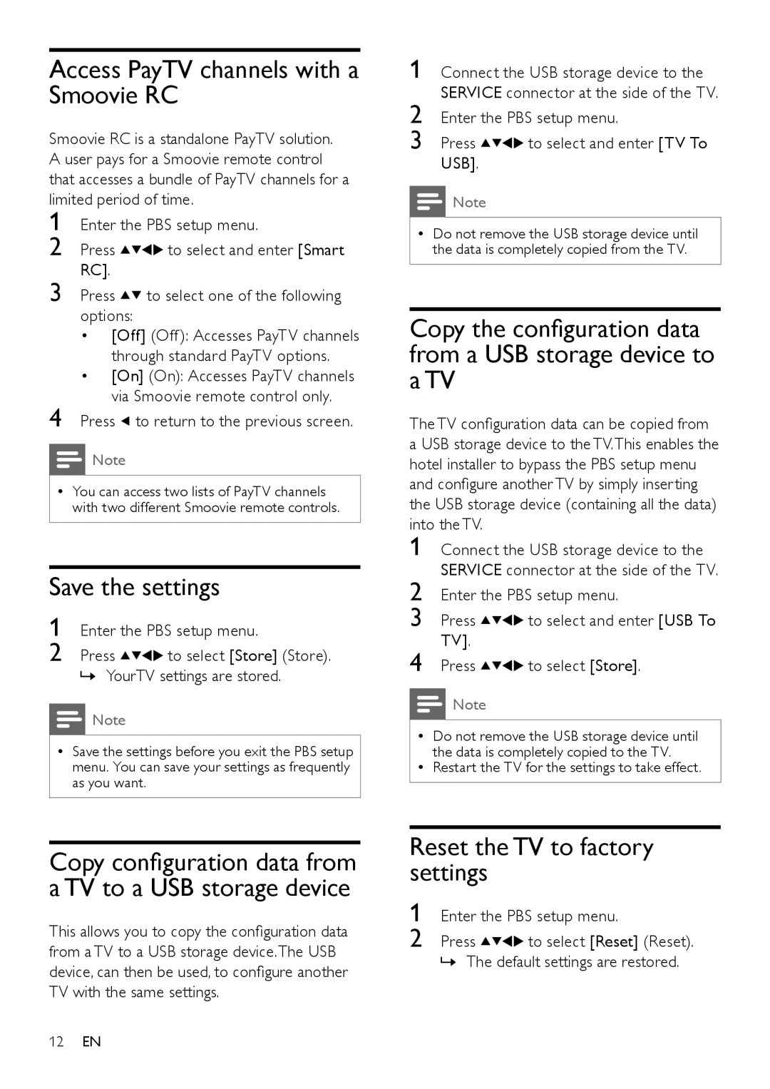 Philips 32HFL3331/93 Access PayTV channels with a Smoovie RC, Save the settings, Reset the TV to factory settings 