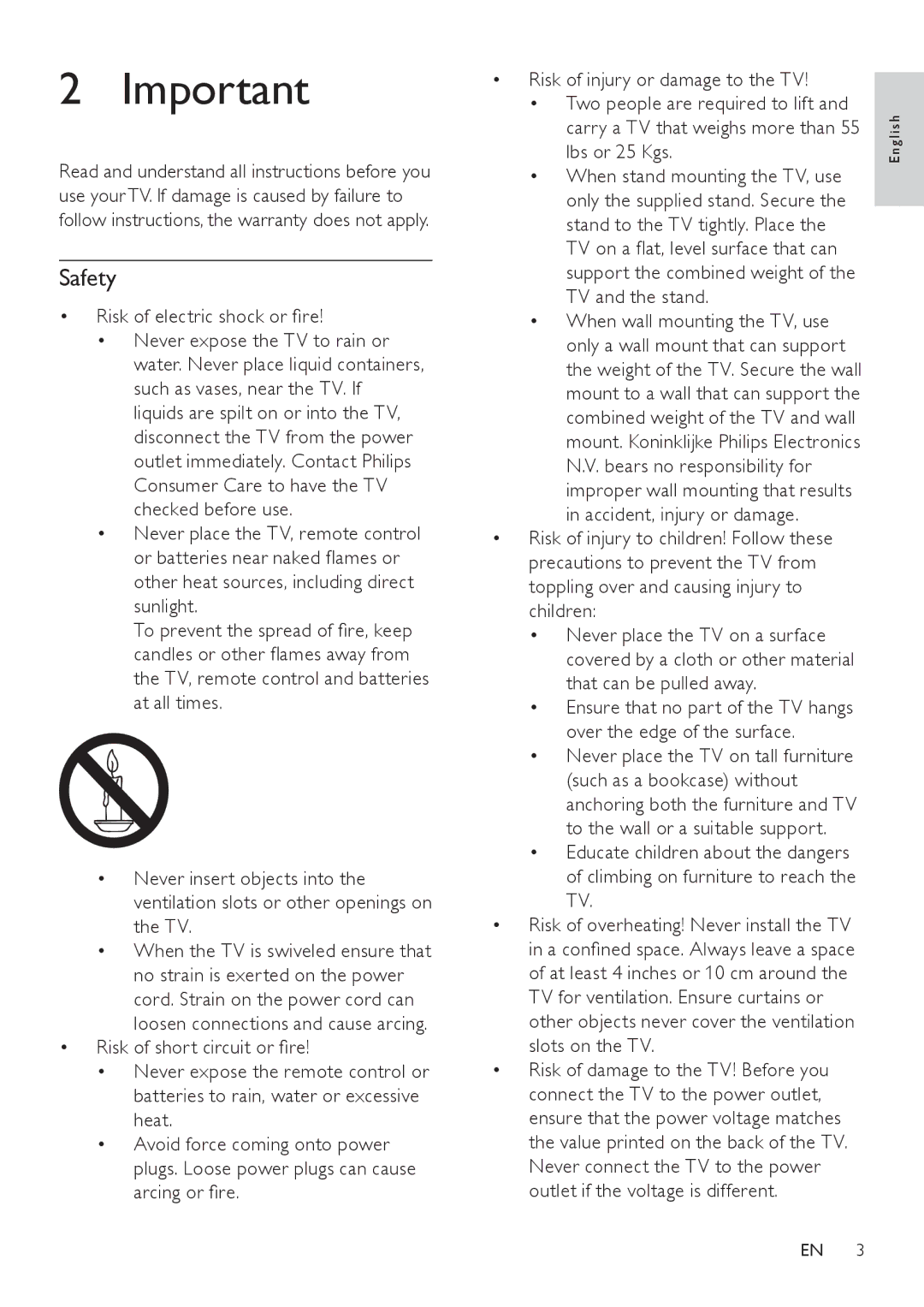 Philips 32HFL3331/93, 42HFL3381/93, 32HFL3331/97 user manual Safety, Risk of electric shock or fire, TV and the stand 