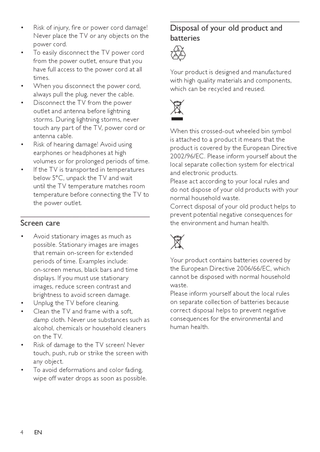 Philips 42HFL3381/93, 32HFL3331/97, 32HFL3331/93 user manual Screen care, Disposal of your old product and batteries 