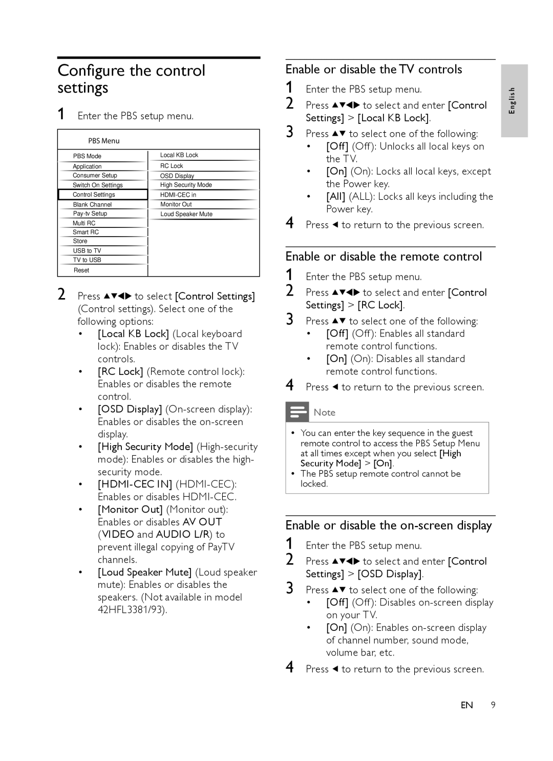 Philips 32HFL3331 Configure the control settings, Enable or disable the TV controls, Enable or disable the remote control 