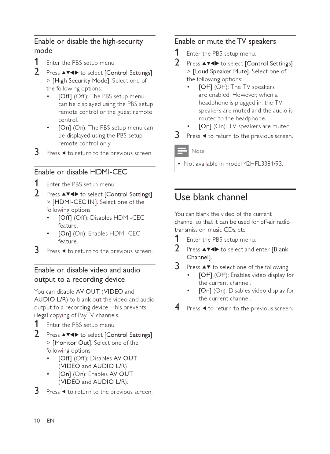 Philips 42HFL3381/97, 32HFL3331 Use blank channel, Enable or disable the high-security mode, Enable or disable HDMI-CEC 