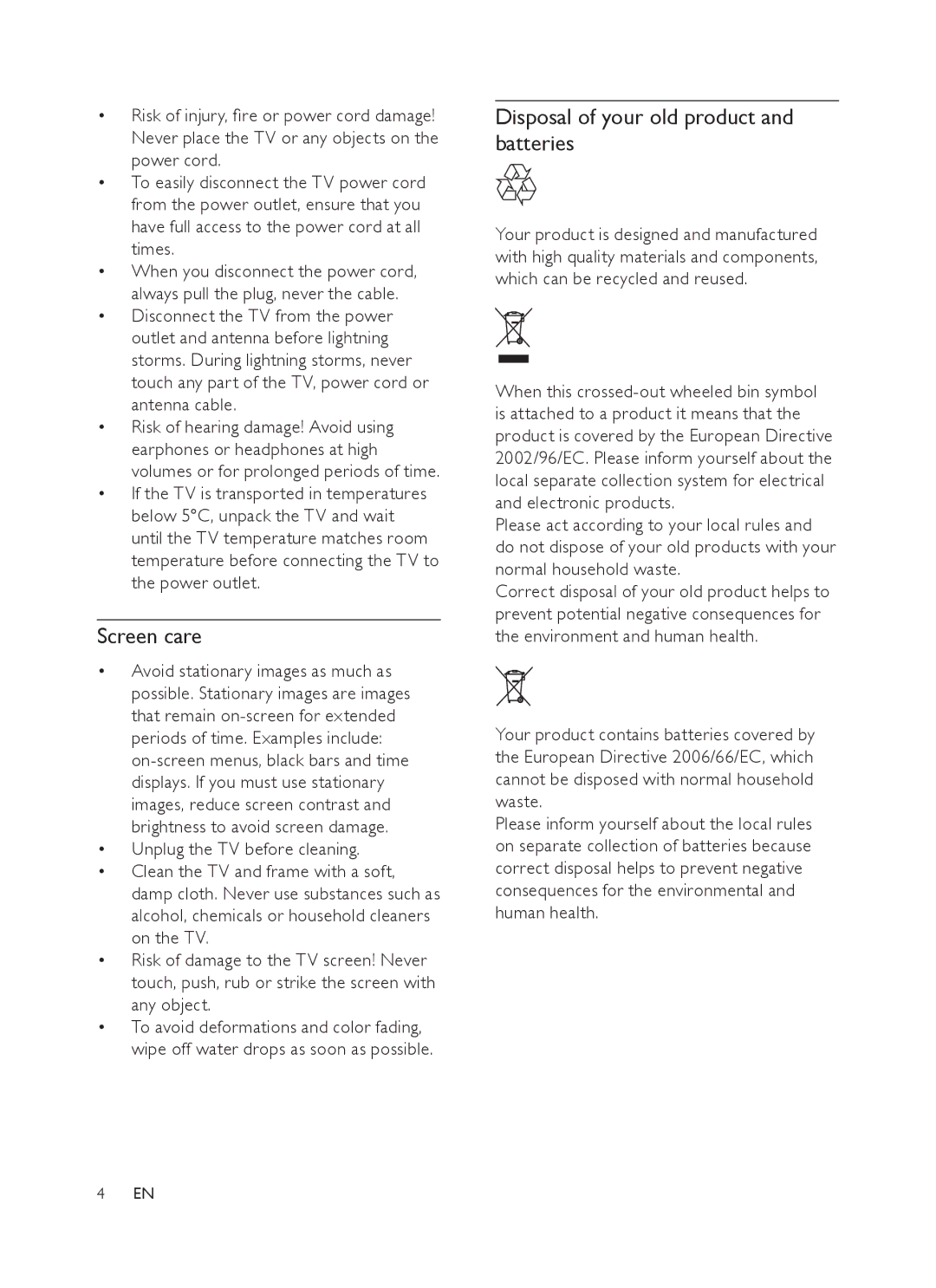 Philips 42HFL3381/97, 32HFL3331 user manual Screen care, Disposal of your old product and batteries 