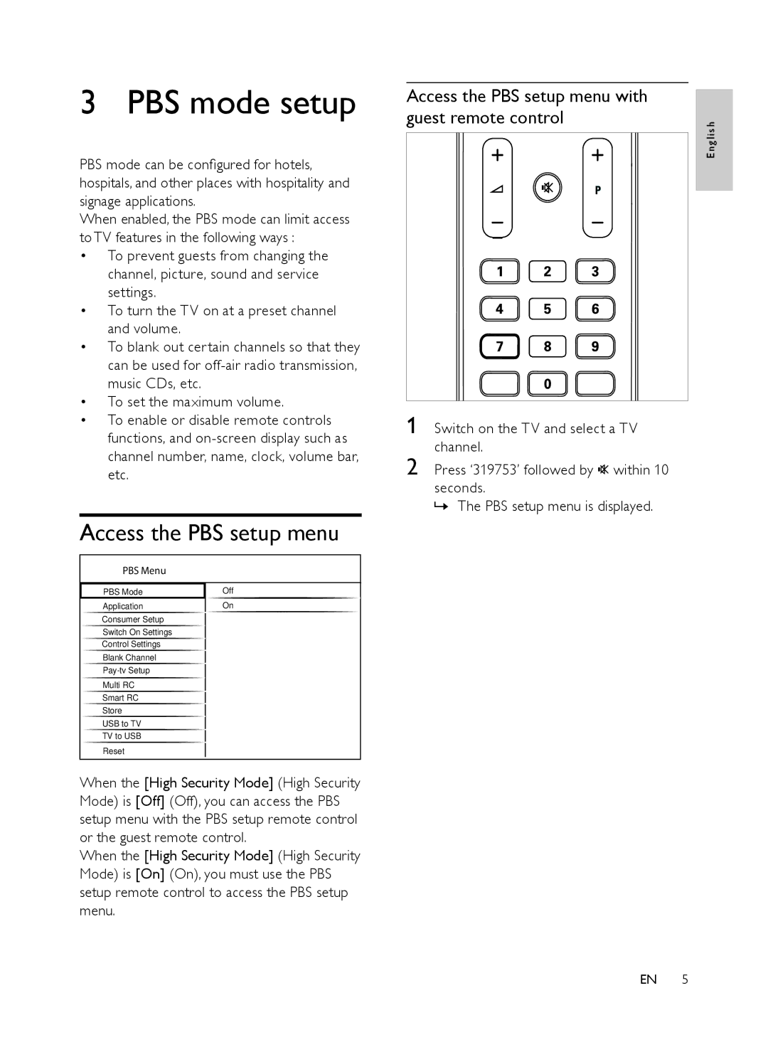 Philips 32HFL3331, 42HFL3381/97 user manual PBS mode setup, Access the PBS setup menu with guest remote control 