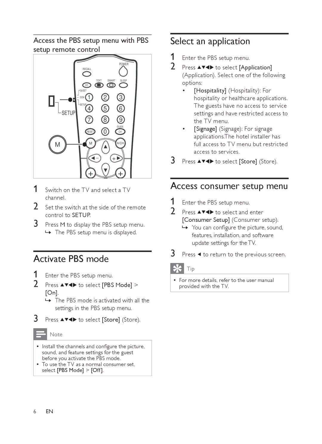 Philips 42HFL3381/97, 32HFL3331 user manual Activate PBS mode, Select an application, Access consumer setup menu 