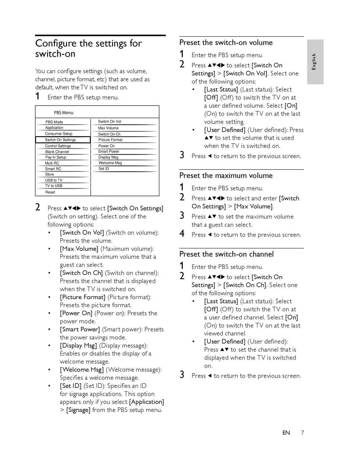 Philips 32HFL3331, 42HFL3381/97 Preset the switch-on volume, Preset the maximum volume, Preset the switch-on channel 