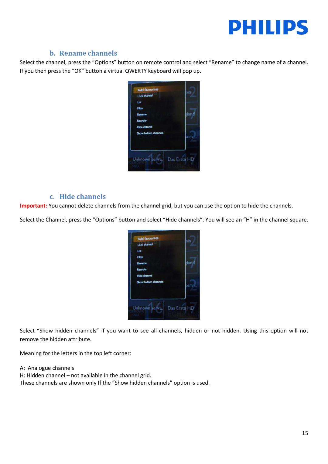 Philips 42HFL3XX8D/10, 26HFL3XX8D/10, 22HFL3XX8D/10, 32HFL3XX8D/10 installation manual Rename channels, Hide channels 