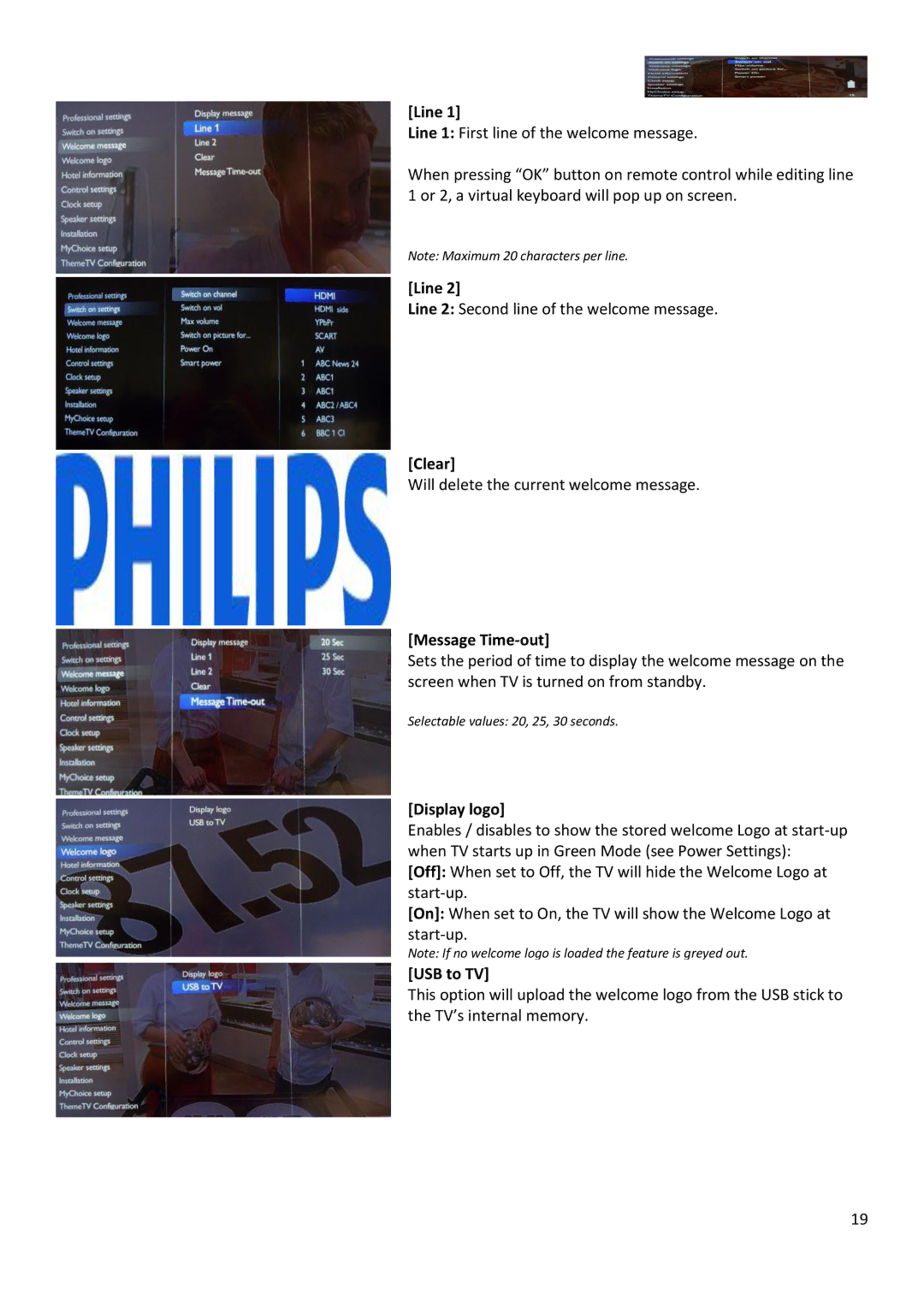 Philips 42HFL3XX8D/10, 26HFL3XX8D/10, 22HFL3XX8D/10, 32HFL3XX8D/10 Line, Clear, Message Time-out, Display logo 