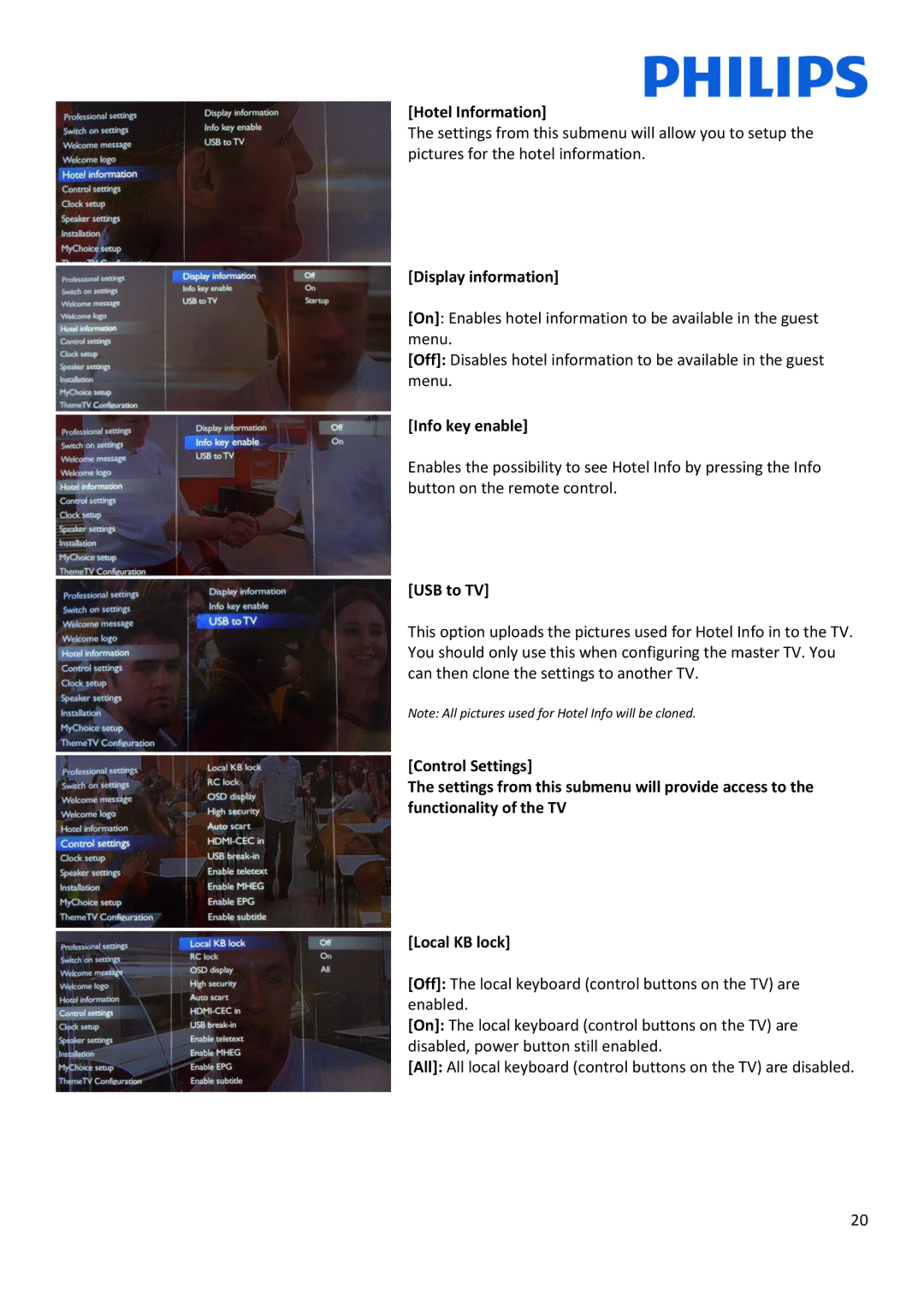 Philips 26HFL3XX8D/10, 42HFL3XX8D/10, 22HFL3XX8D/10, 32HFL3XX8D/10 Hotel Information, Display information, Info key enable 