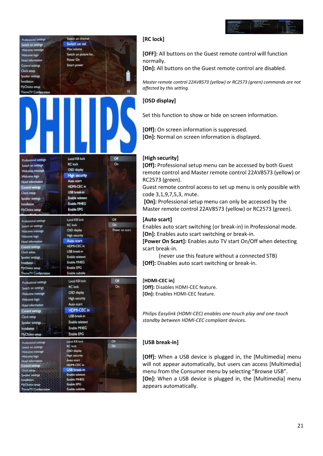 Philips 22HFL3XX8D/10, 42HFL3XX8D/10, 26HFL3XX8D/10 RC lock, OSD display, High security, Auto scart, USB break-in 