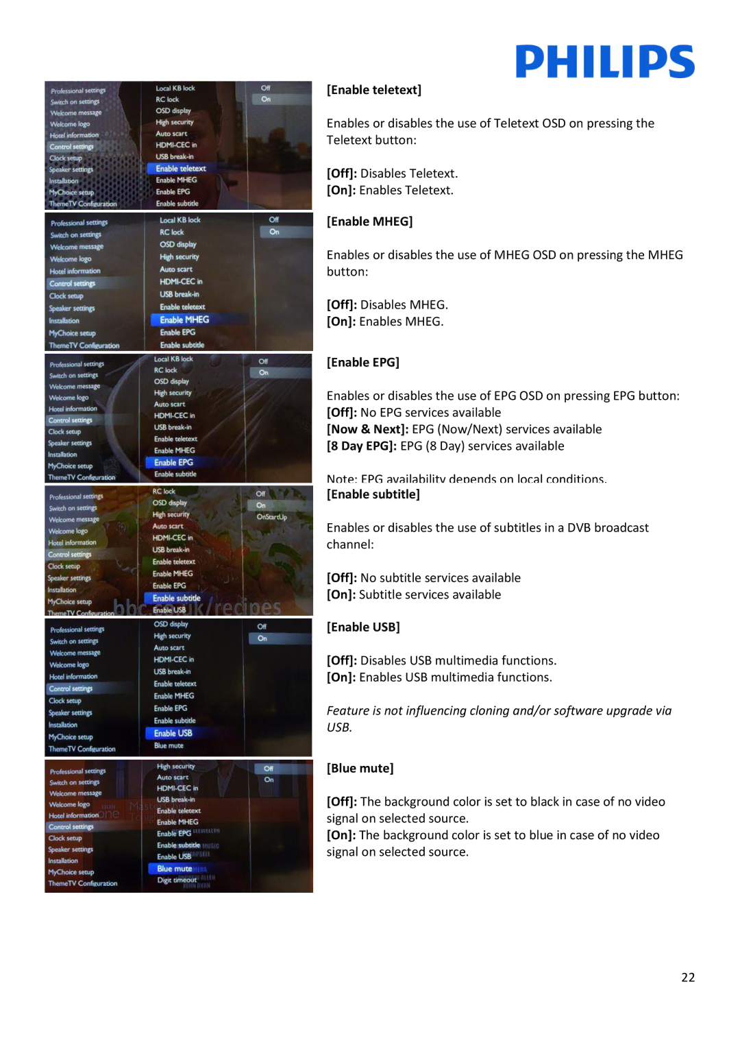 Philips 32HFL3XX8D/10, 42HFL3XX8D/10 Enable teletext, Enable Mheg, Enable EPG, Enable subtitle, Enable USB, Blue mute 