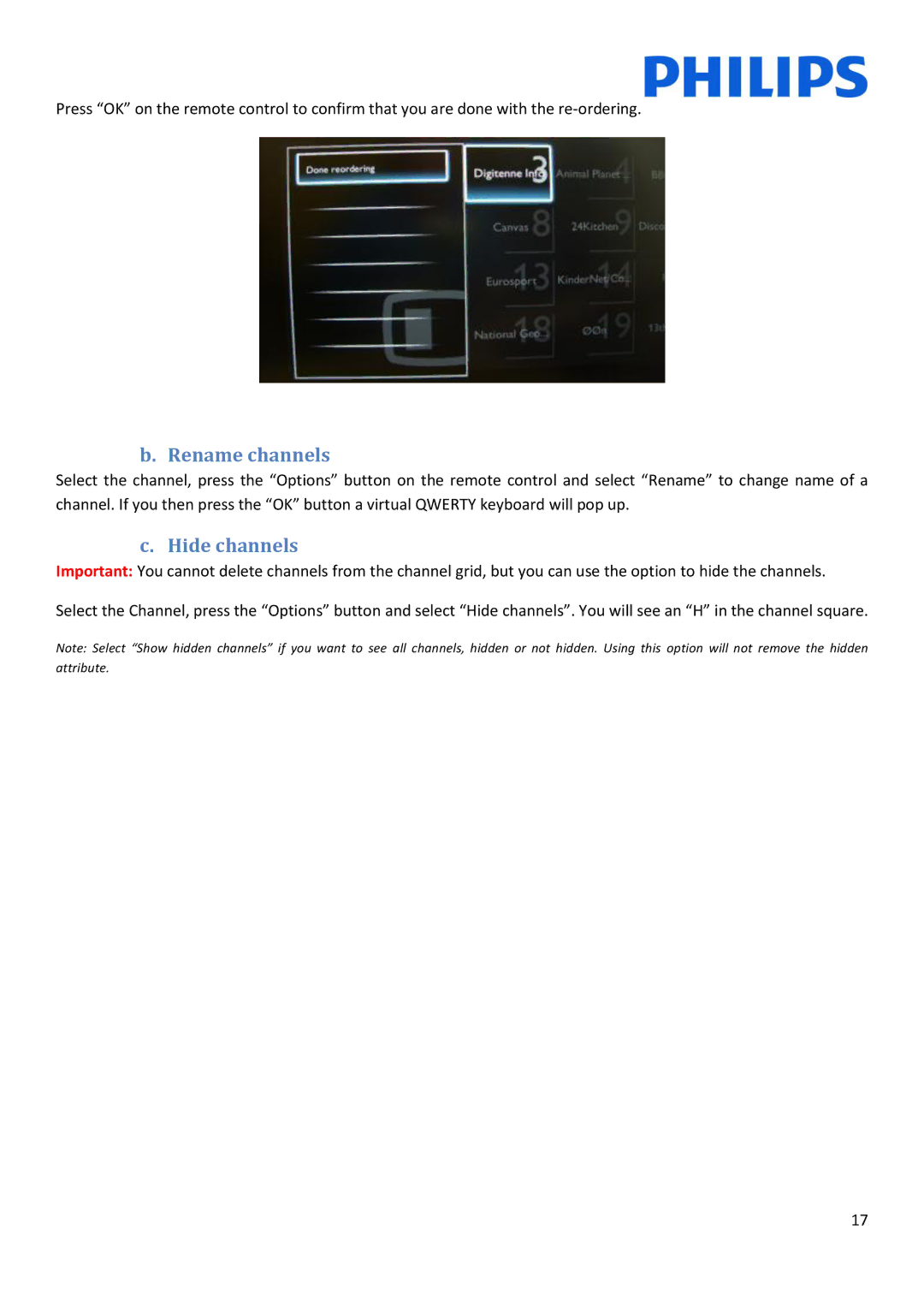 Philips 47HFL5007D/10, 42HFL5007D/10, 32HFL5007D/10, 55HFL5007D/10 installation manual Rename channels, Hide channels 