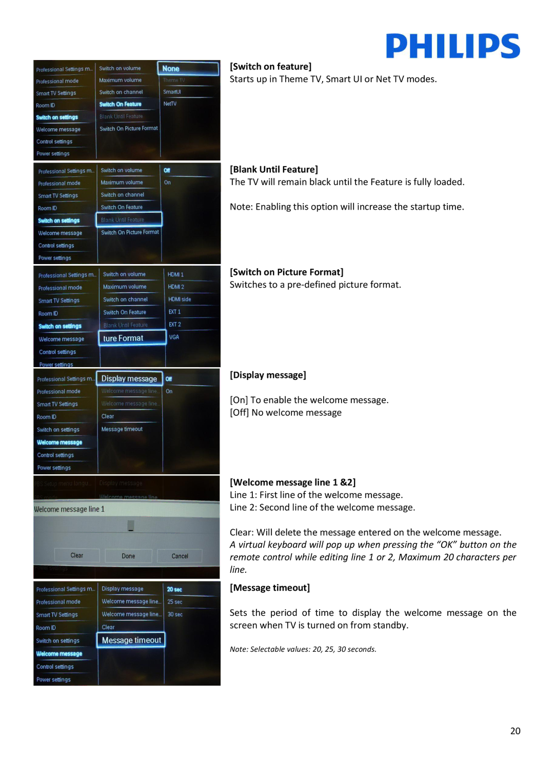 Philips 32HFL5007D/10 Switch on feature, Blank Until Feature, Switch on Picture Format, Display message, Message timeout 
