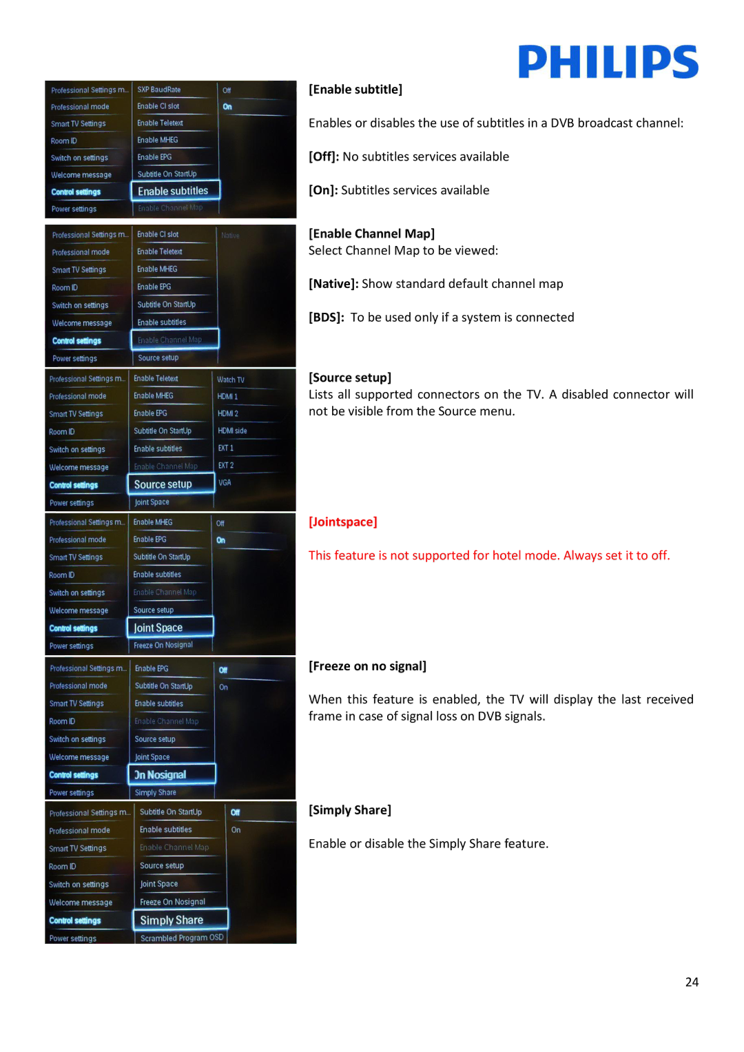 Philips 32HFL5007D/10, 42HFL5007D/10 Enable subtitle, Enable Channel Map, Source setup, Freeze on no signal, Simply Share 