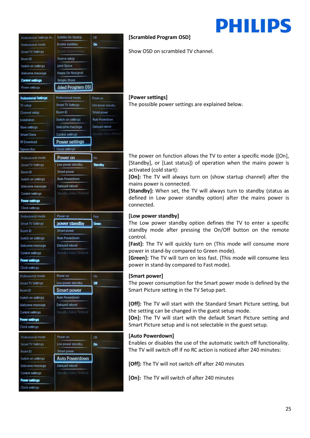 Philips 47HFL5007D/10, 42HFL5007D/10 Scrambled Program OSD, Power settings, Low power standby, Smart power, Auto Powerdown 