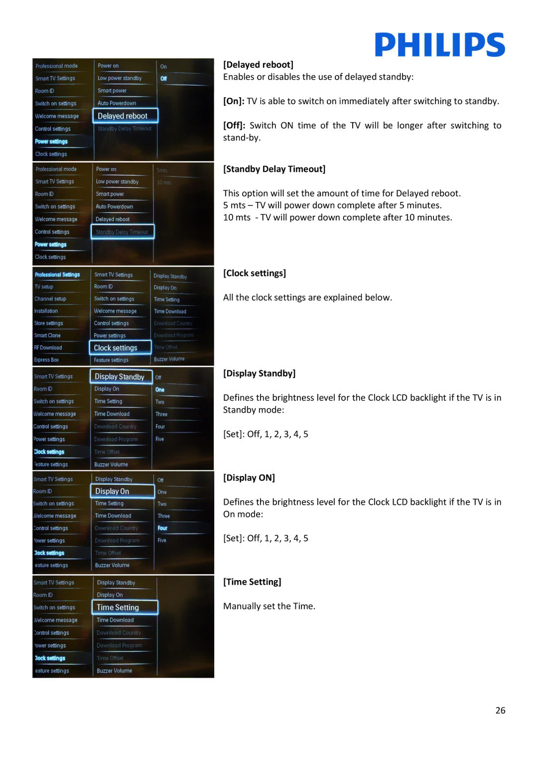 Philips 55HFL5007D/10 Delayed reboot, Standby Delay Timeout, Clock settings, Display Standby, Display on, Time Setting 