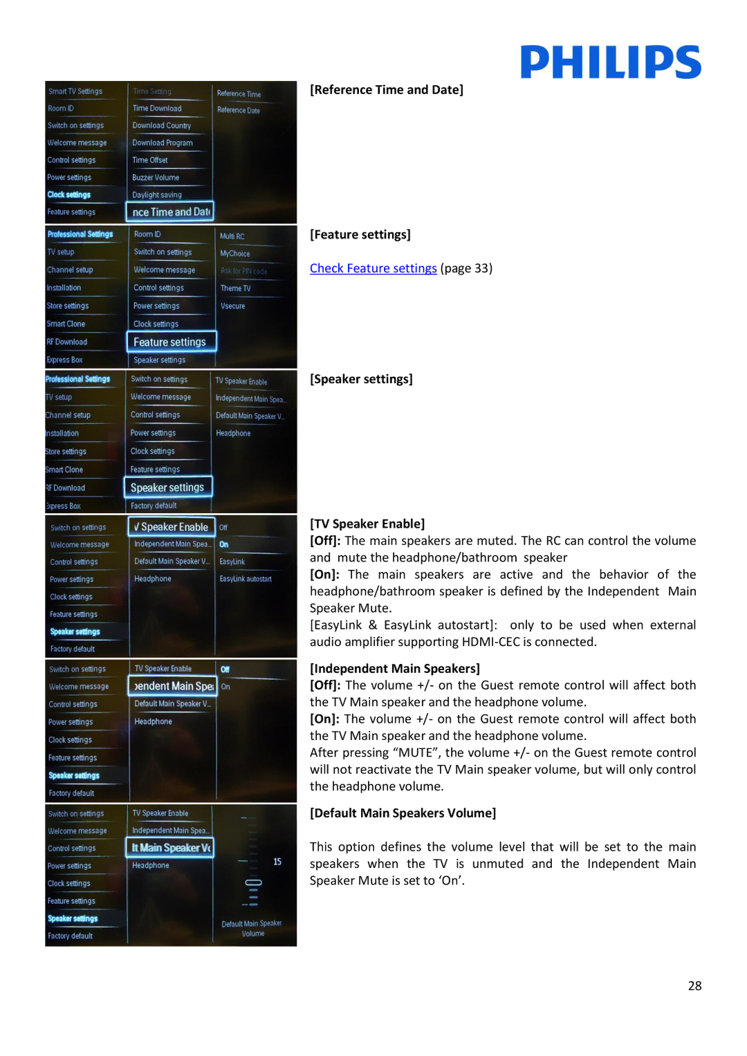 Philips 32HFL5007D/10, 42HFL5007D/10 Reference Time and Date Feature settings, Speaker settings TV Speaker Enable 