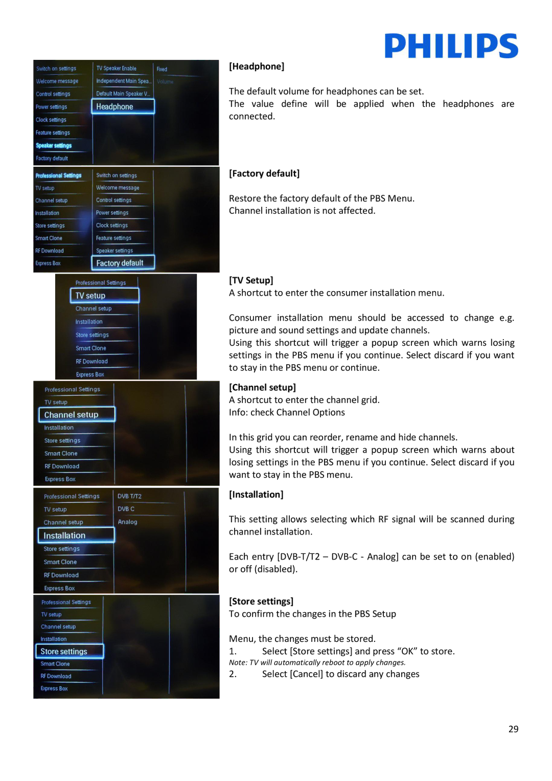Philips 47HFL5007D/10, 42HFL5007D/10 Headphone, Factory default, TV Setup, Channel setup, Installation, Store settings 