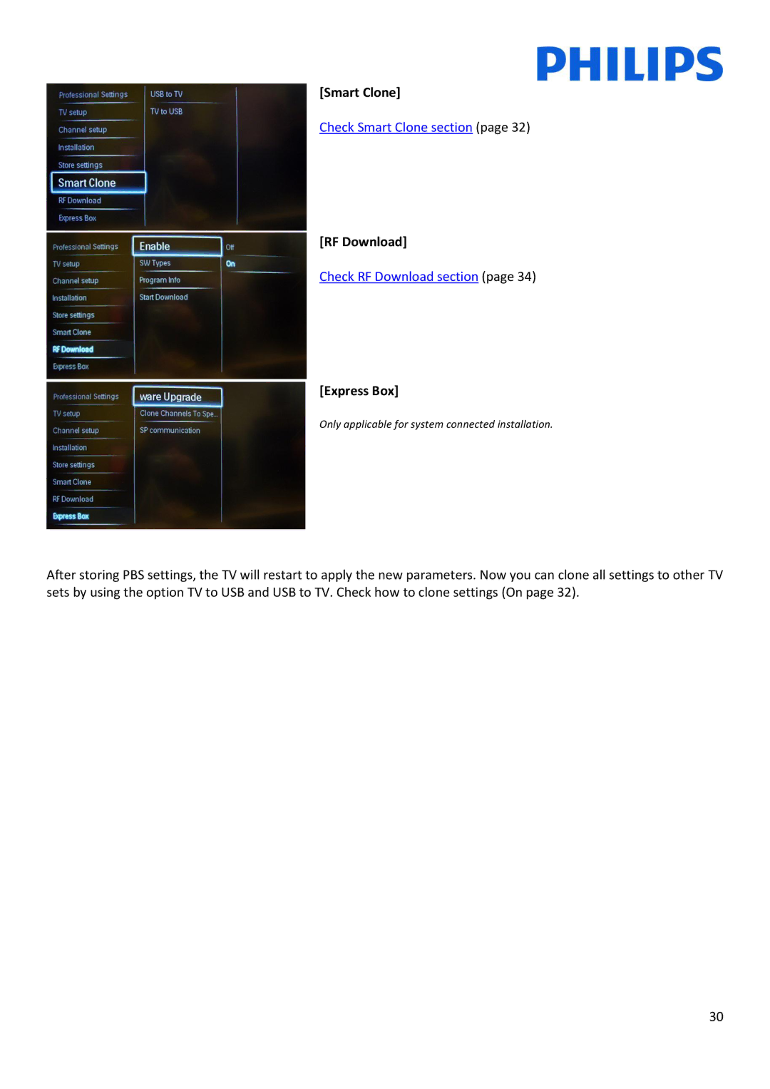 Philips 55HFL5007D/10, 42HFL5007D/10, 32HFL5007D/10, 47HFL5007D/10 installation manual Smart Clone, RF Download, Express Box 