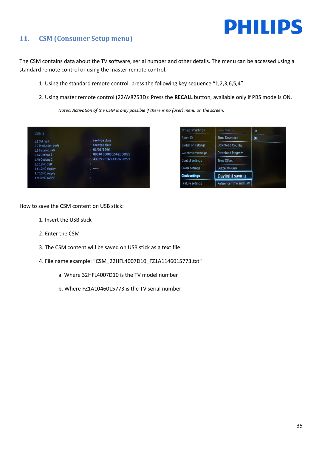 Philips 42HFL5007D/10, 32HFL5007D/10, 47HFL5007D/10, 55HFL5007D/10 installation manual CSM Consumer Setup menu 